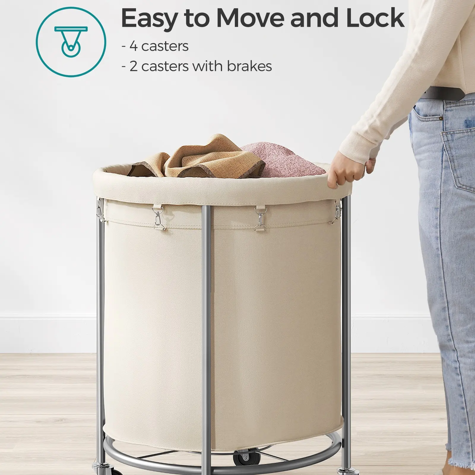 Cesto para la ropa con ruedas, carrito para la ropa con ruedas, carro redondo con estructura de acero y bolsa extraíble, organizador.