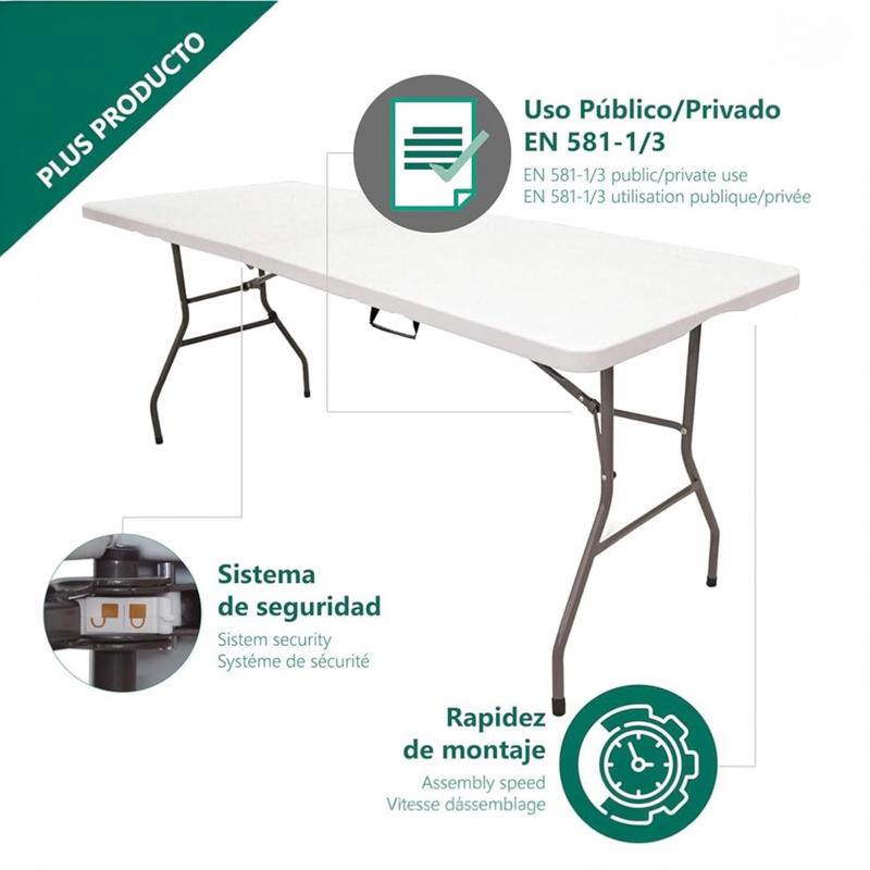 Mesa Plegable Solid 180cm o 122cm, portátil, Normativa Uso público Interior/Exterior (EN 581-1/3) Tablero Resina HDPE 3,5cm, Capacidad 4/6/8 Personas y Carga 150 kg. Multiuso