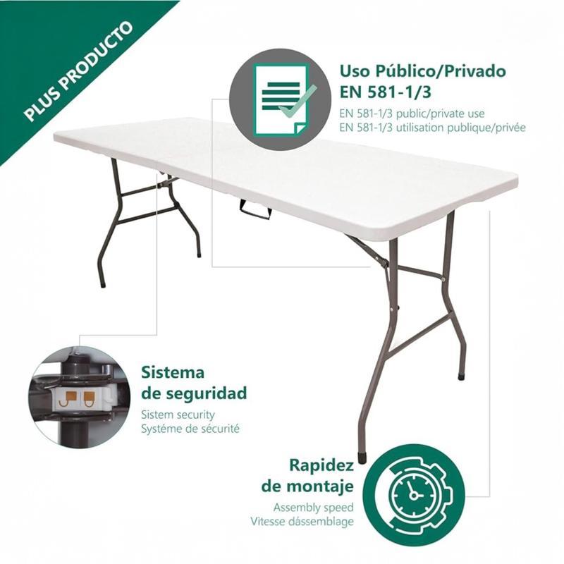 Mesa Plegable Solid 180cm o 122cm, portátil, Normativa Uso público Interior/Exterior (EN 581-1/3) Tablero Resina HDPE 3,5cm, Capacidad 4/6/8 Personas y Carga 150 kg. Multiuso
