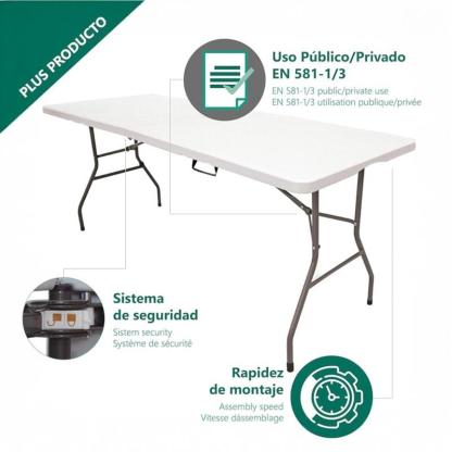 Mesa Plegable Solid 180cm o 122cm, portátil, Normativa Uso público Interior/Exterior (EN 581-1/3) Tablero Resina HDPE 3,5cm, Capacidad 4/6/8 Personas y Carga 150 kg. Multiuso