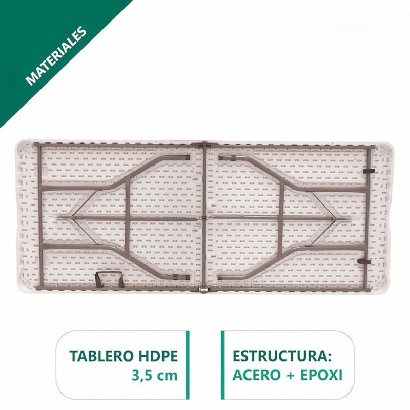 Mesa Plegable Solid 180cm o 122cm, portátil, Normativa Uso público Interior/Exterior (EN 581-1/3) Tablero Resina HDPE 3,5cm, Capacidad 4/6/8 Personas y Carga 150 kg. Multiuso
