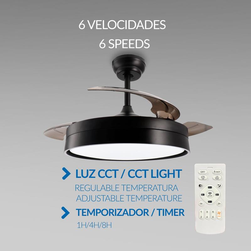 Ventilador de Techo con luz Led Black  ø106 Cm, Mando a Distancia, Motor DC, 6 velocidades, Silencioso, Aspas retráctiles, función verano-invierno, temporizador, CCT