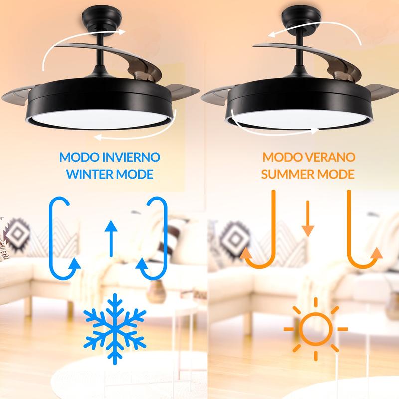Ventilador de Techo con luz Led Black  ø106 Cm, Mando a Distancia, Motor DC, 6 velocidades, Silencioso, Aspas retráctiles, función verano-invierno, temporizador, CCT