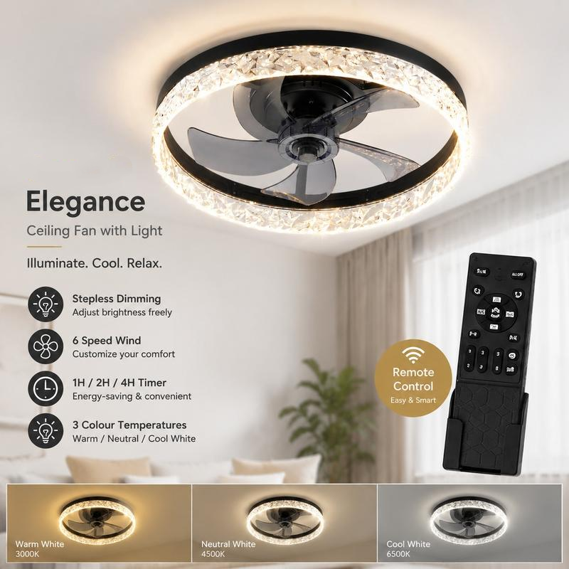 Ventilador de techo moderno y minimalista con luz, funcionamiento silencioso y velocidad variable, control remoto incluido, 6 velocidades de ventilación y tres modos de cambio de color.