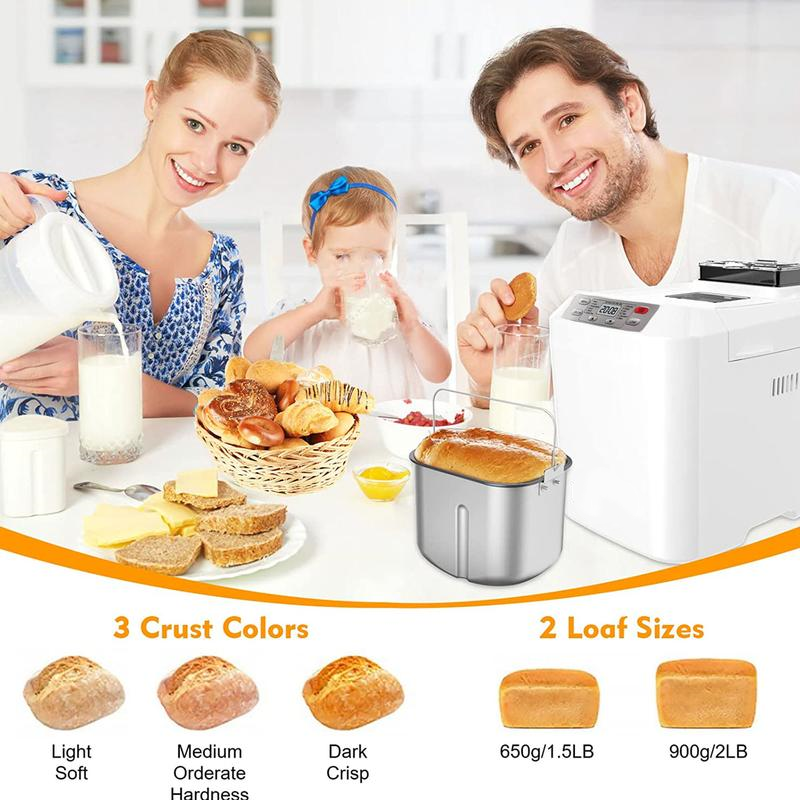 Máquina automática para hacer pan (hasta 2 libras), 12 programas en 1, con dispensador automático de frutas y frutos secos, temporizador de 13 horas, función de mantener caliente (1 hora), opción sin gluten y 3 niveles de tostado de corteza.