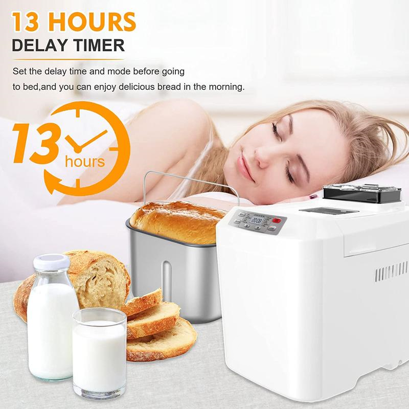Máquina automática para hacer pan (hasta 2 libras), 12 programas en 1, con dispensador automático de frutas y frutos secos, temporizador de 13 horas, función de mantener caliente (1 hora), opción sin gluten y 3 niveles de tostado de corteza.