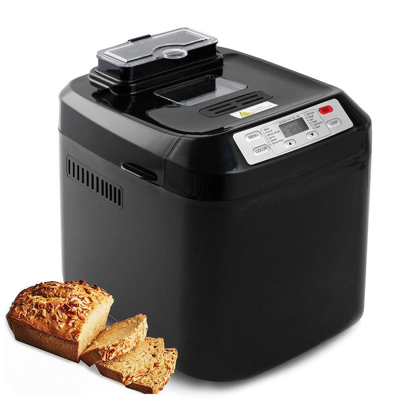 Máquina automática para hacer pan (hasta 2 libras), 12 programas en 1, con dispensador automático de frutas y frutos secos, temporizador de 13 horas, función de mantener caliente (1 hora), opción sin gluten y 3 niveles de tostado de corteza.