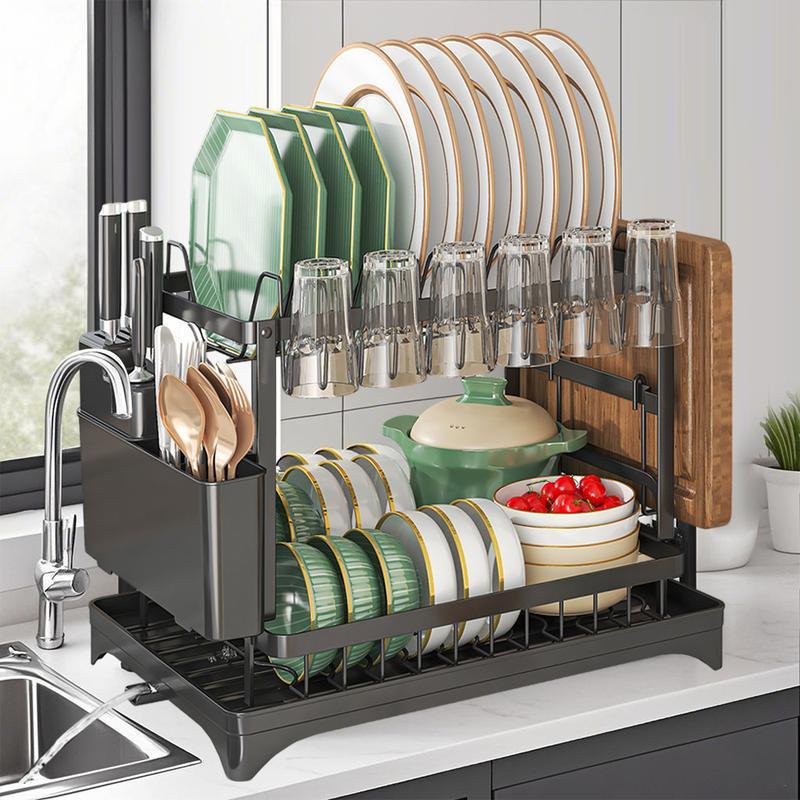 2 Layers Dish Drying Rack Countertop Household Dish Storage Holder Kitchen Organizers And Storage With Drainboard