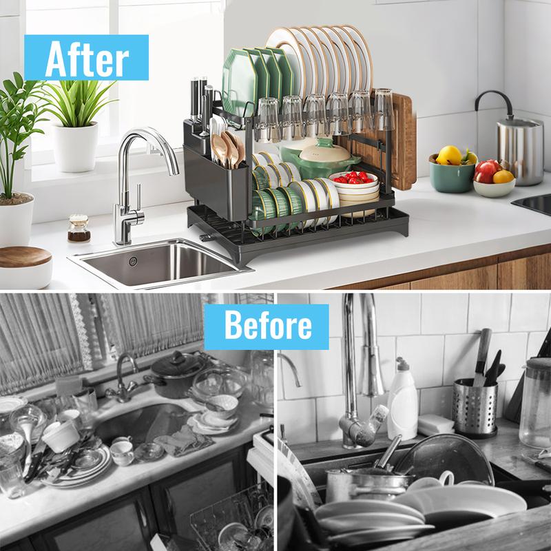 2 Layers Dish Drying Rack Countertop Household Dish Storage Holder Kitchen Organizers And Storage With Drainboard