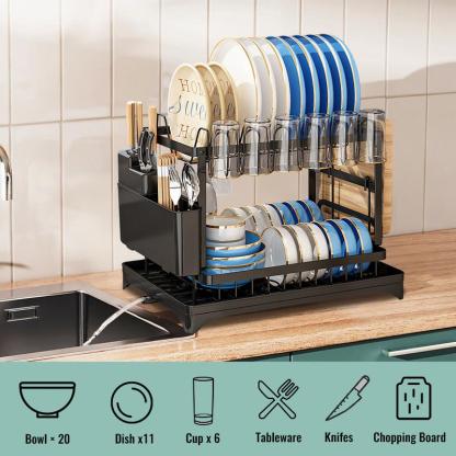 2 Layers Dish Drying Rack Countertop Household Dish Storage Holder Kitchen Organizers And Storage With Drainboard