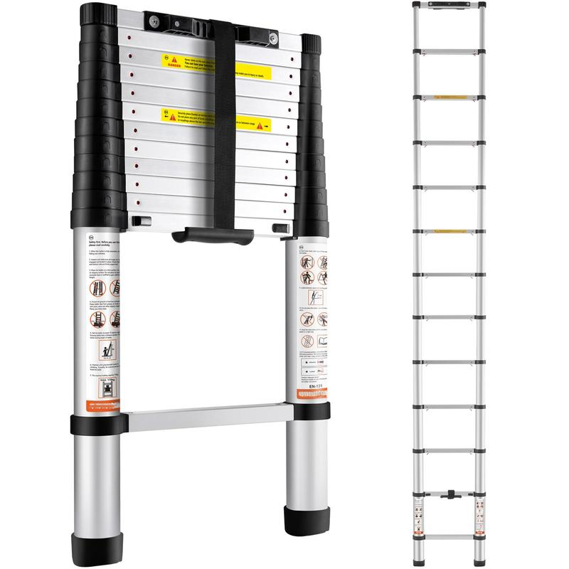 escalera telescópica de aluminio, escalera de extensión plegable de retracción de un botón, pies antideslizantes de capacidad con , escalera compacta multiusos portátil para el hogar, autocaravana, Loft, lista ANSI