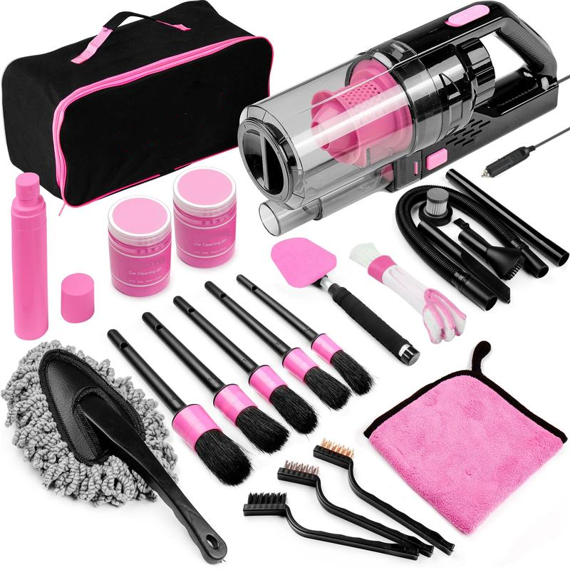 【summerfinds】 Kit de limpieza para coche de 17 piezas, kit rosa para detalles interiores de coche con aspiradora de mano de alta potencia, juego de cepillos de detalle, limpiador de parabrisas, gel de limpieza, accesorios completos para coche, regalo para