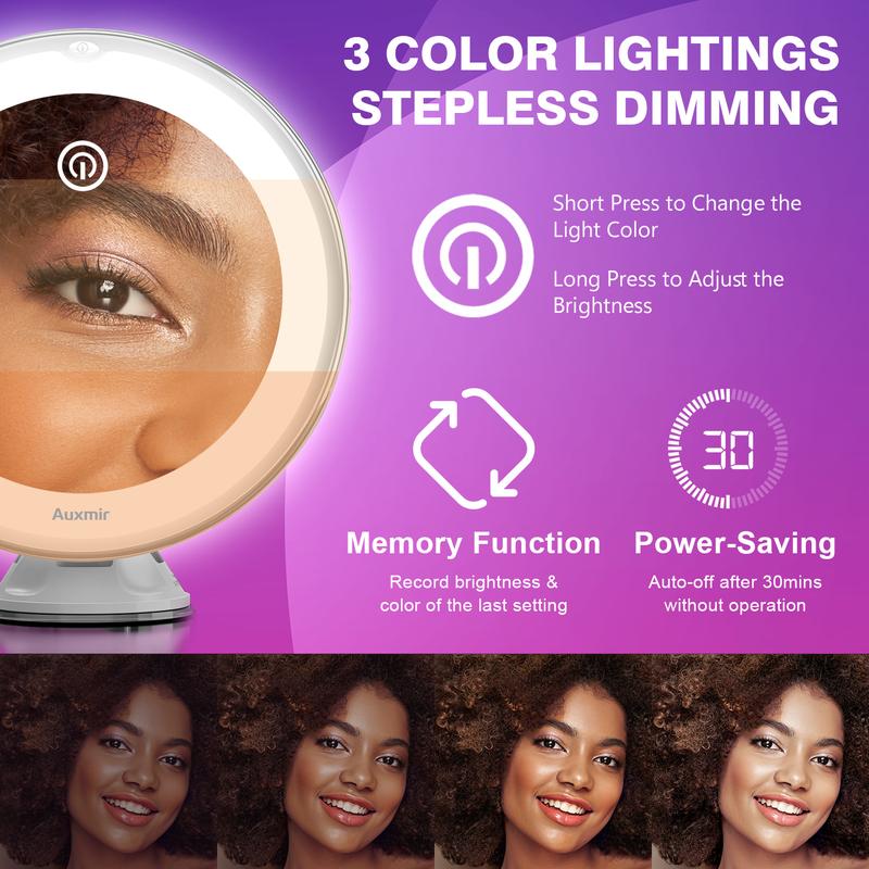  Espejo Maquillaje con Luz LED, Aumento 30X con Ventosa Fuerte, Brillo Regulable, Giratorio 360°, Portátil para Pared, Baño, Viaje, Depilación y Cejas, Blanco, Redondo