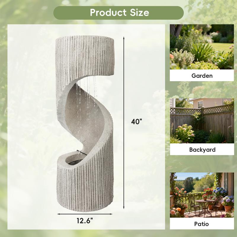 Fuente moderna con cascada de columna en espiral e iluminación LED para la decoración de jardines y patios.