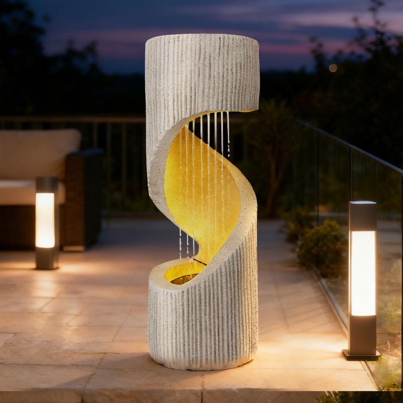 Fuente moderna con cascada de columna en espiral e iluminación LED para la decoración de jardines y patios.