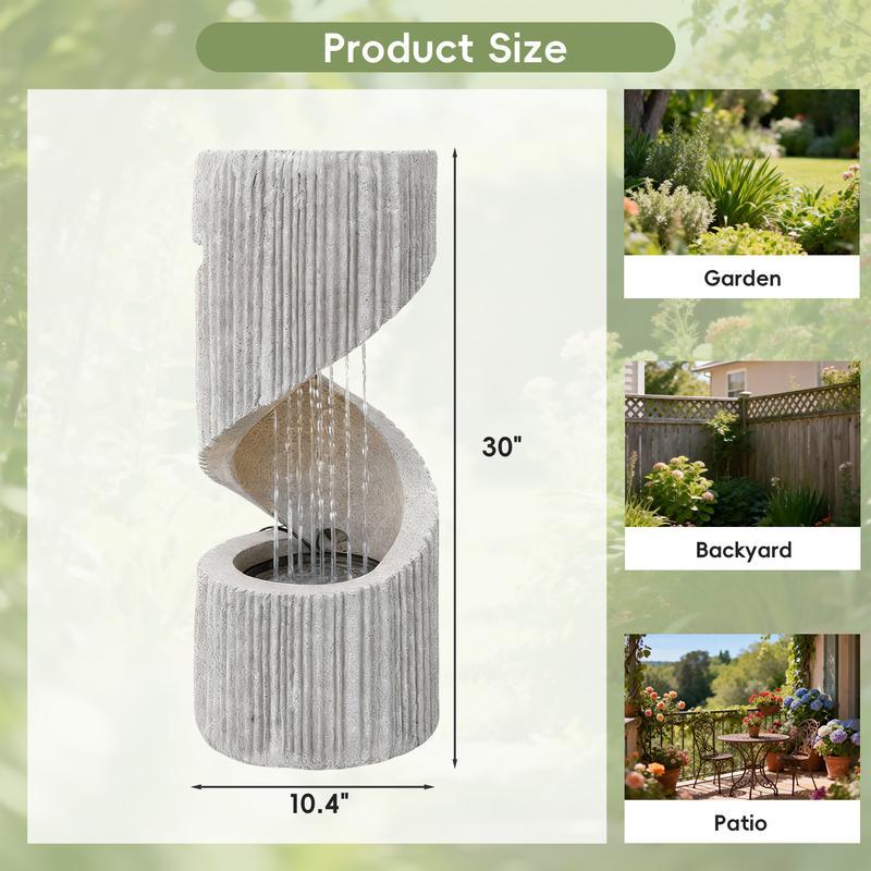 Fuente moderna con cascada de columna en espiral e iluminación LED para la decoración de jardines y patios.
