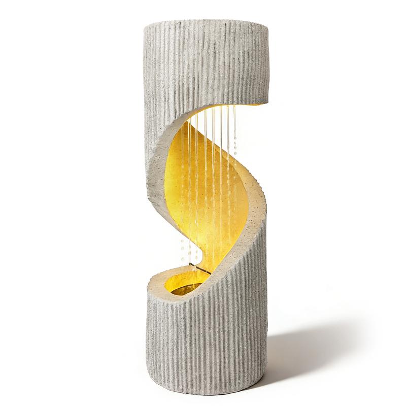 Fuente moderna con cascada de columna en espiral e iluminación LED para la decoración de jardines y patios.