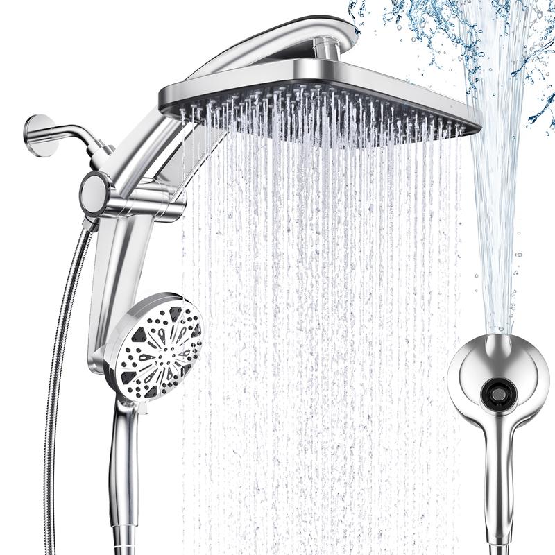 Combo de ducha doble sin soporte fijo | Instalación en 3 pasos | Cabezal de ducha tipo lluvia de alta presión de 12 pulgadas | Ducha de mano con 8 modos de rociado y chorro potente | Manguera de 59 pulgadas | Acoplamiento magnético | Altura y ángulo ajust