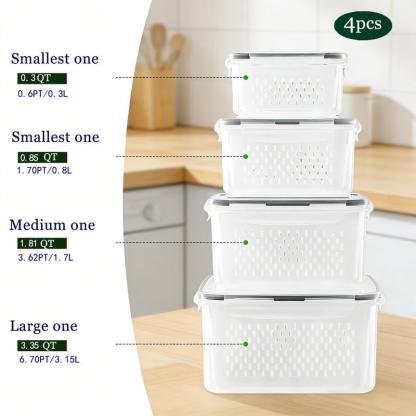 8 piezas Organizador de almacenamiento para refrigerador (4 coladores y 4 cajas de almacenamiento) Contenedores apilables para frutas para refrigerador con colador extraíble, contenedor de almacenamiento de alimentos para ensaladas, verduras, carne, mante