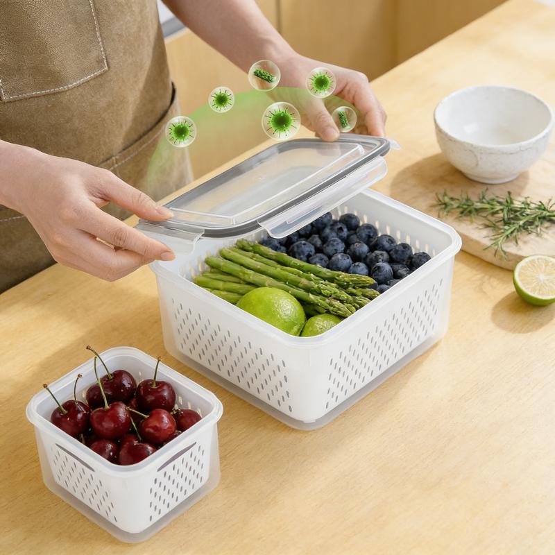 8 piezas Organizador de almacenamiento para refrigerador (4 coladores y 4 cajas de almacenamiento) Contenedores apilables para frutas para refrigerador con colador extraíble, contenedor de almacenamiento de alimentos para ensaladas, verduras, carne, mante