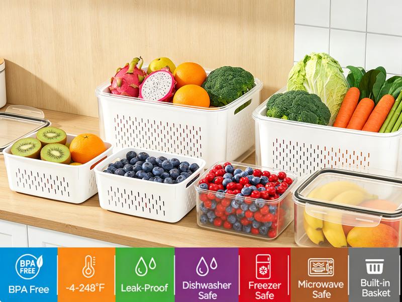 8 piezas Organizador de almacenamiento para refrigerador (4 coladores y 4 cajas de almacenamiento) Contenedores apilables para frutas para refrigerador con colador extraíble, contenedor de almacenamiento de alimentos para ensaladas, verduras, carne, mante