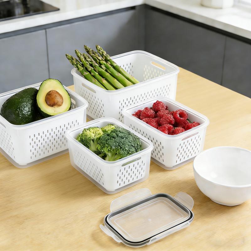 8 piezas Organizador de almacenamiento para refrigerador (4 coladores y 4 cajas de almacenamiento) Contenedores apilables para frutas para refrigerador con colador extraíble, contenedor de almacenamiento de alimentos para ensaladas, verduras, carne, mante