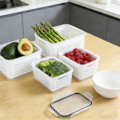8 piezas Organizador de almacenamiento para refrigerador (4 coladores y 4 cajas de almacenamiento) Contenedores apilables para frutas para refrigerador con colador extraíble, contenedor de almacenamiento de alimentos para ensaladas, verduras, carne, mante