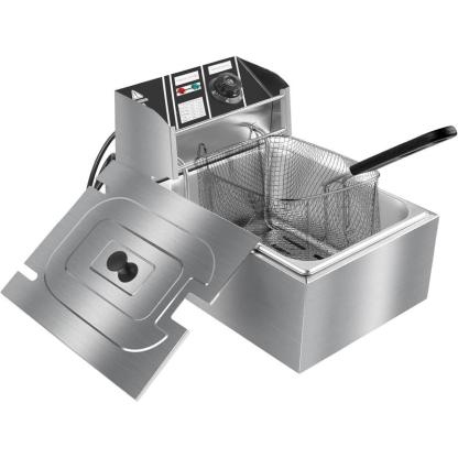 Freidora eléctrica de 6 litros de acero inoxidable con un solo tanque y cesta, 2500 W, 110 V, para uso doméstico y en restaurantes, con tapa y control de temperatura.