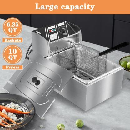 Freidora eléctrica de 6 litros de acero inoxidable con un solo tanque y cesta, 2500 W, 110 V, para uso doméstico y en restaurantes, con tapa y control de temperatura.