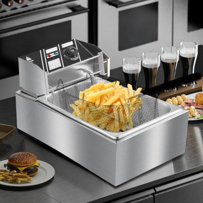 Freidora eléctrica de 6 litros de acero inoxidable con un solo tanque y cesta, 2500 W, 110 V, para uso doméstico y en restaurantes, con tapa y control de temperatura.
