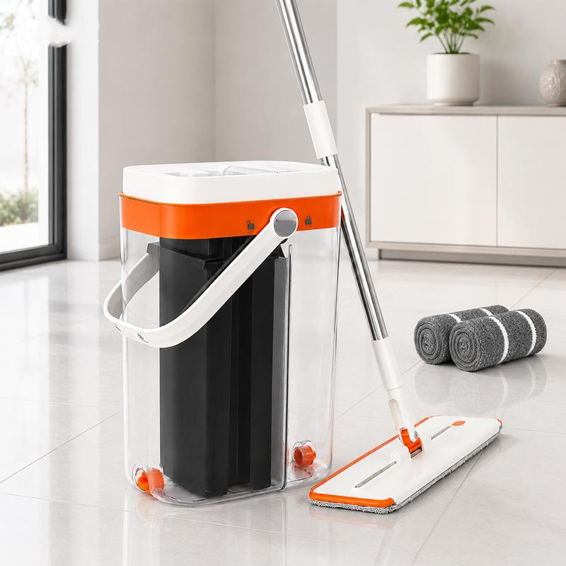 Fregona plana sin enjuague y manos libres de 3 depósitos con cubo, sistema de separación de agua limpia y sucia, fregona de microfibra de doble uso (seco/húmedo) giratoria de 360° para limpieza profunda de suelos de madera, baldosas y cocinas.