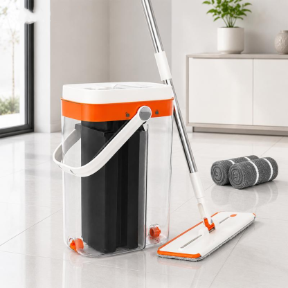 Fregona plana sin enjuague y manos libres de 3 depósitos con cubo, sistema de separación de agua limpia y sucia, fregona de microfibra de doble uso (seco/húmedo) giratoria de 360° para limpieza profunda de suelos de madera, baldosas y cocinas.