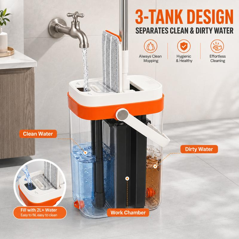 Fregona plana sin enjuague y manos libres de 3 depósitos con cubo, sistema de separación de agua limpia y sucia, fregona de microfibra de doble uso (seco/húmedo) giratoria de 360° para limpieza profunda de suelos de madera, baldosas y cocinas.