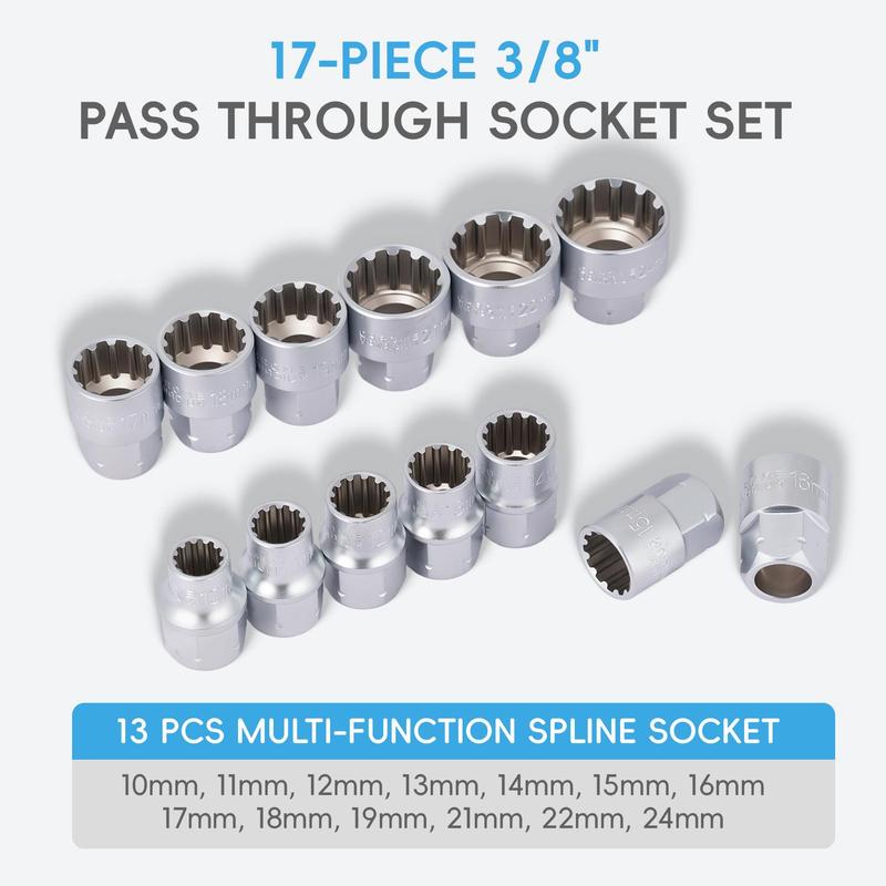 Juego de 17 llaves de vaso pasantes, métricas de 10 a 24 mm, kit de llaves de vaso huecas con trinquete para reparación de automóviles y mantenimiento de maquinaria.