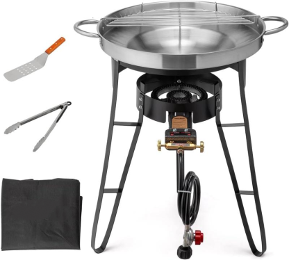 Juego de comal cóncavo de 23" con estufa de propano de 80,000 BTU, disco para cocinar discada, cocinador de disco de acero inoxidable con soporte para quemador para cocinar en el patio trasero y al aire libre, taco para cocinar carnitas, tortillas, saltea