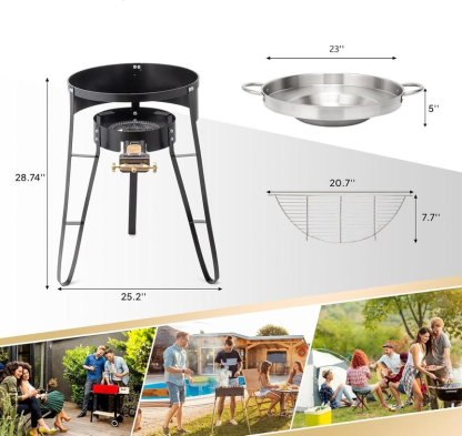 Juego de comal cóncavo de 23" con estufa de propano de 80,000 BTU, disco para cocinar discada, cocinador de disco de acero inoxidable con soporte para quemador para cocinar en el patio trasero y al aire libre, taco para cocinar carnitas, tortillas, saltea