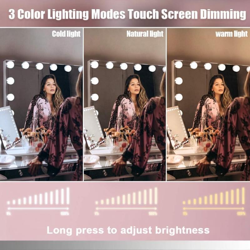 Espejo de Maquillaje con Iluminación LED: Tocador con 15 Bombillas, 3 Modos de Luz, Control Táctil, USB Recargable, Rotación 360° y Aumento Desmontable para Maquillaje Profesional