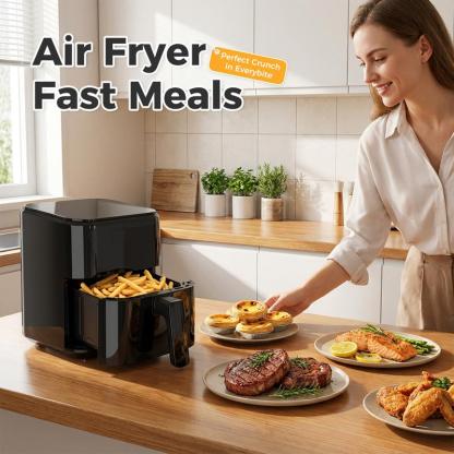 Freidora de aire 4 en 1, horno de alta temperatura (hasta 400 °F) con función de asado, cocción multifunción, recalentamiento y deshidratación; incluye cesta antiadherente y bandeja para un acabado crujiente.