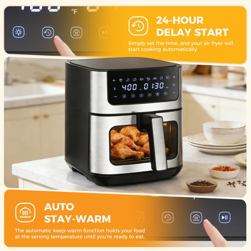 Freidora de aire de acero inoxidable de 6,34 cuartos de galón: electrodoméstico de cocina con 8 programas preestablecidos, temperatura máxima de 400 °F, ajustes regulables, temporizador de 90 minutos, cesta antiadherente apta para lavavajillas, apagado au
