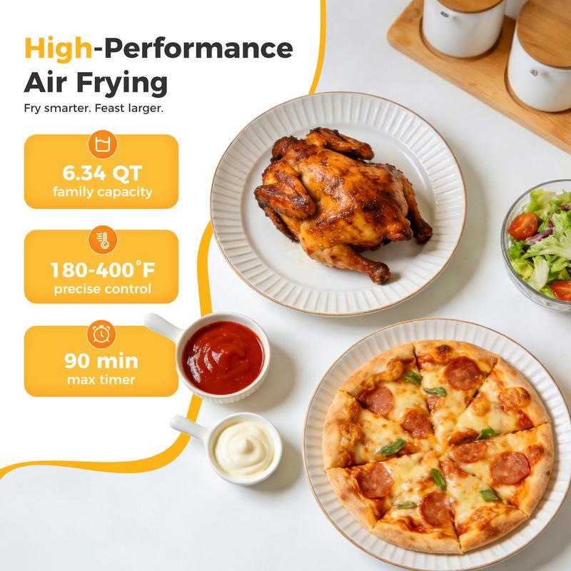 Freidora de aire de acero inoxidable de 6,34 cuartos de galón: electrodoméstico de cocina con 8 programas preestablecidos, temperatura máxima de 400 °F, ajustes regulables, temporizador de 90 minutos, cesta antiadherente apta para lavavajillas, apagado au