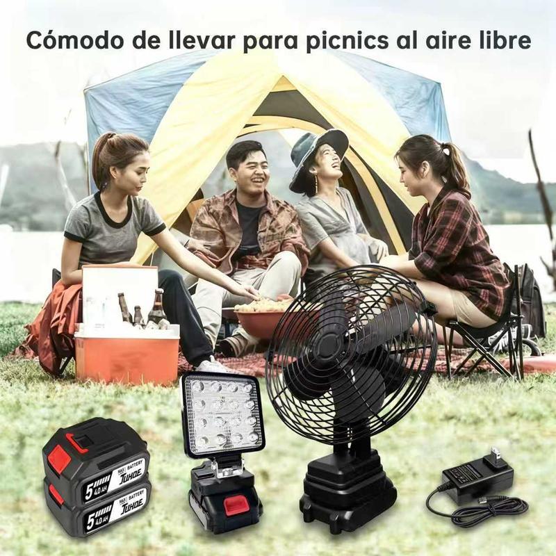 Ventilador con lámpara portátil, con batería de litio | Ideal para: trabajo al aire libre, campamento, pesca, emergencias | Enorme duración de batería y alta potencia