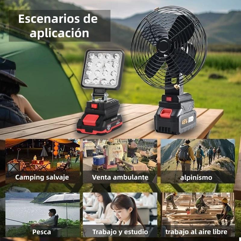 Ventilador con lámpara portátil, con batería de litio | Ideal para: trabajo al aire libre, campamento, pesca, emergencias | Enorme duración de batería y alta potencia