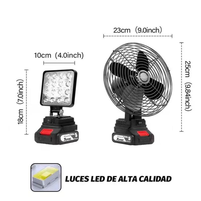 Ventilador con lámpara portátil, con batería de litio | Ideal para: trabajo al aire libre, campamento, pesca, emergencias | Enorme duración de batería y alta potencia