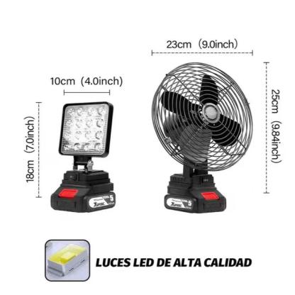 Ventilador con lámpara portátil, con batería de litio | Ideal para: trabajo al aire libre, campamento, pesca, emergencias | Enorme duración de batería y alta potencia