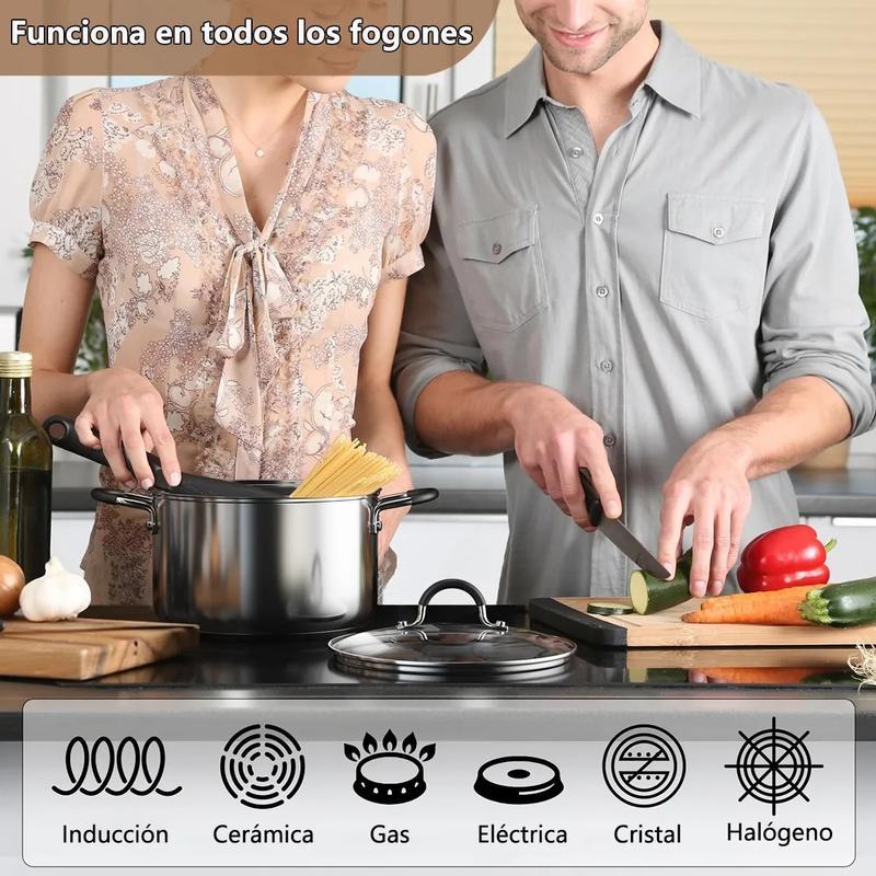 12 Piezas Batería de Cocina Ligera de Acero Inoxidable Antiadherente, Calentamiento Rápido, Ideal para Uso Diario