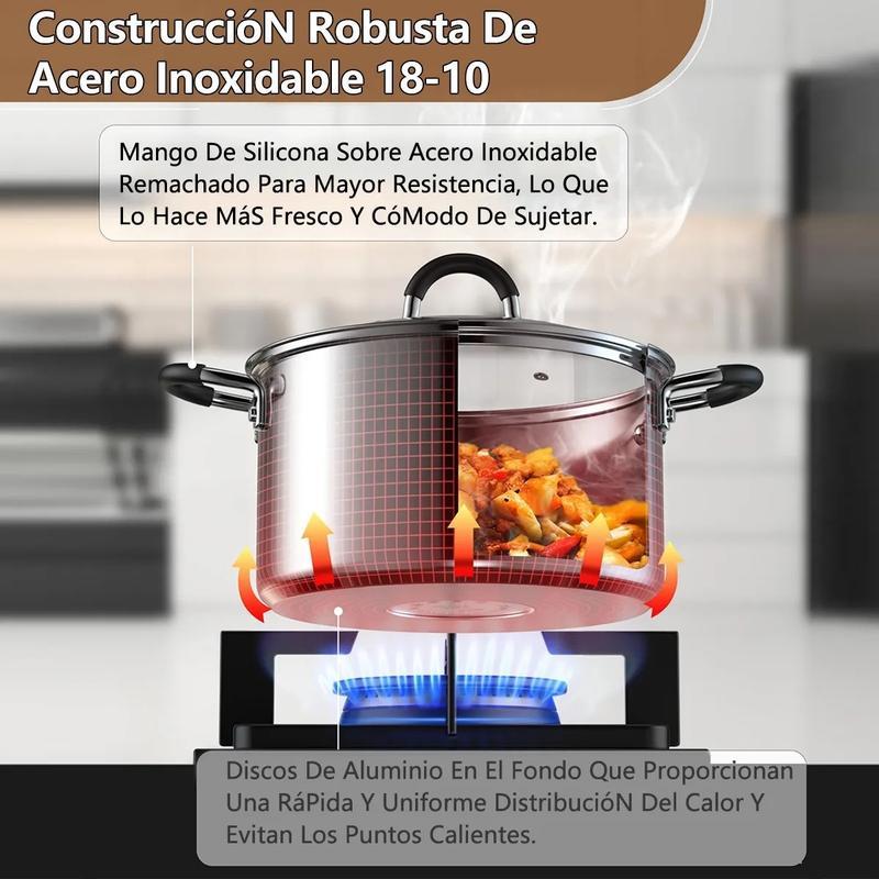 12 Piezas Batería de Cocina Ligera de Acero Inoxidable Antiadherente, Calentamiento Rápido, Ideal para Uso Diario