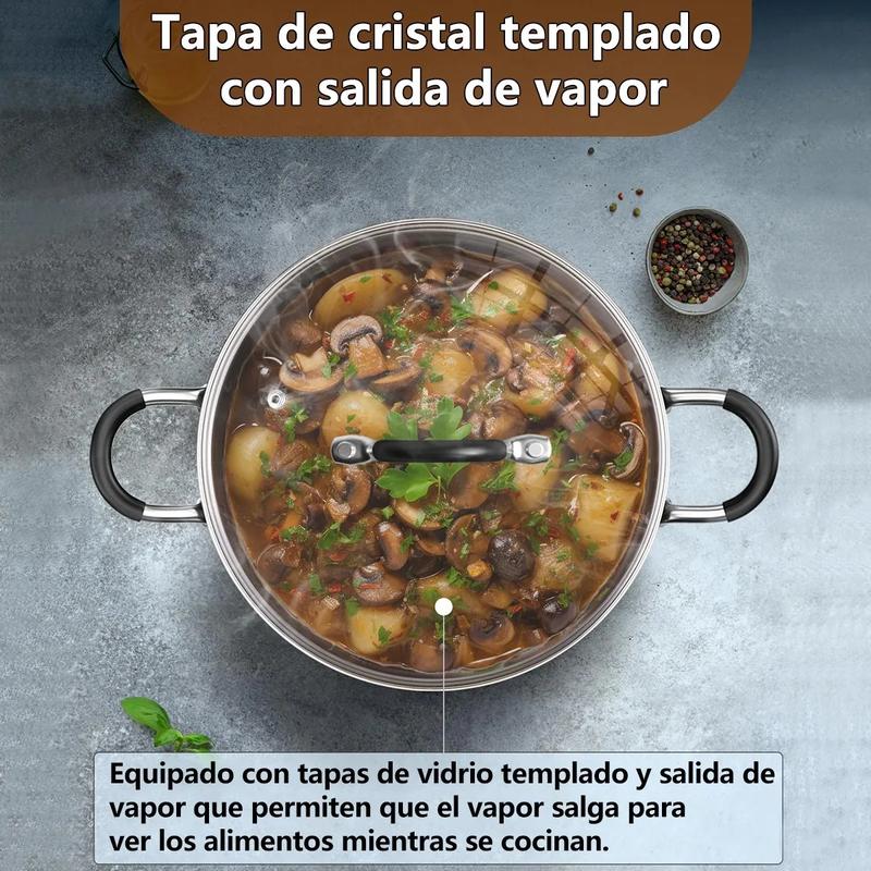 12 Piezas Batería de Cocina Ligera de Acero Inoxidable Antiadherente, Calentamiento Rápido, Ideal para Uso Diario