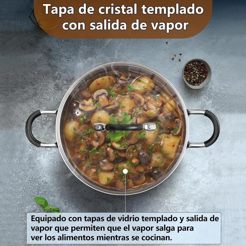 12 Piezas Batería de Cocina Ligera de Acero Inoxidable Antiadherente, Calentamiento Rápido, Ideal para Uso Diario