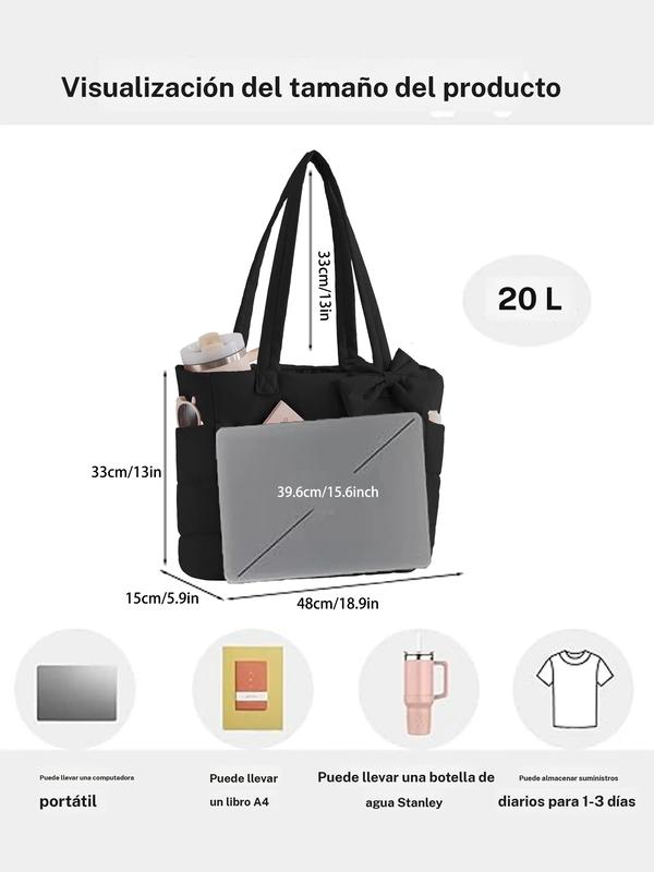 Bolso tote para mujer, bolso acolchado con lazo, bolso ligero y voluminoso con compartimentos, bolso de hombro/bolso de mano para viaje, trabajo y gimnasio | Ligero, acolchado, para viaje, trabajo, San Valentín, Navidad y Día de Acción de Gracias