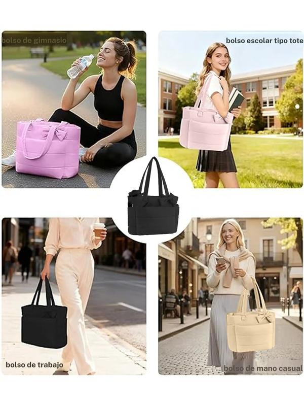 Bolso tote para mujer, bolso acolchado con lazo, bolso ligero y voluminoso con compartimentos, bolso de hombro/bolso de mano para viaje, trabajo y gimnasio | Ligero, acolchado, para viaje, trabajo, San Valentín, Navidad y Día de Acción de Gracias